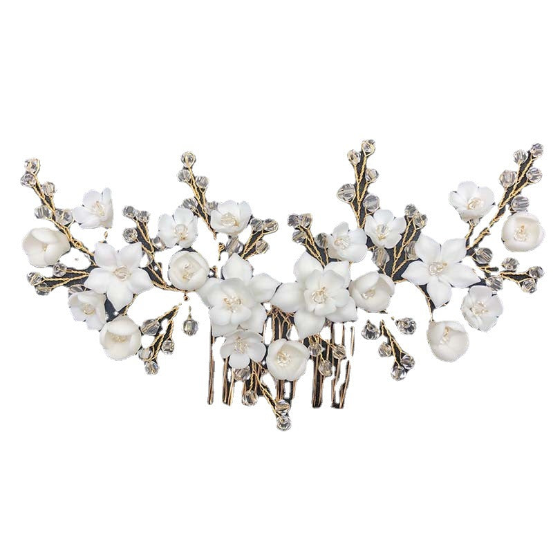 Crystal Ceramic Flower Bridal Crown Hair Comb