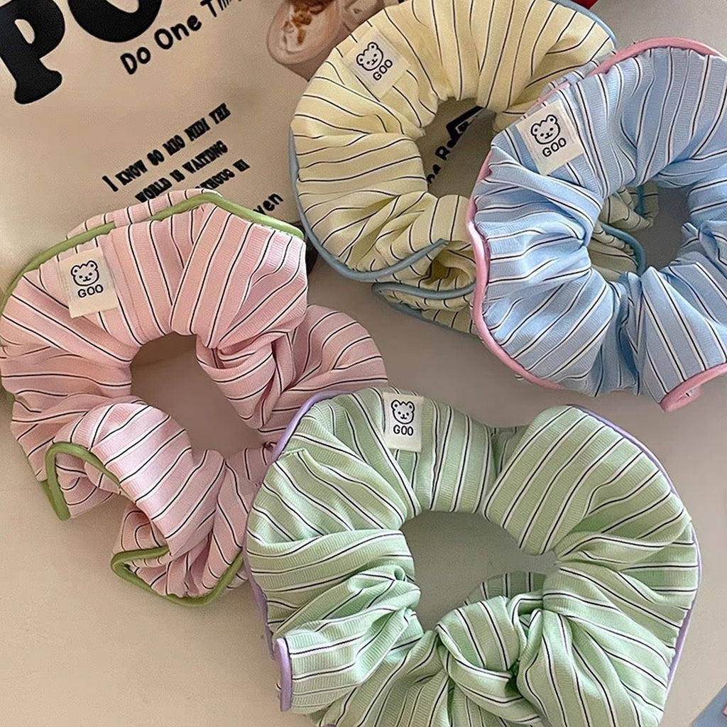 Cream-colored Contrast-striped Hair Accessory With A Sweet Little Bear Designa Chic Scrunchie