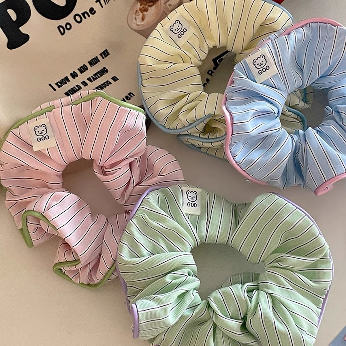 Cream-colored Contrast-striped Hair Accessory With A Sweet Little Bear Designa Chic Scrunchie