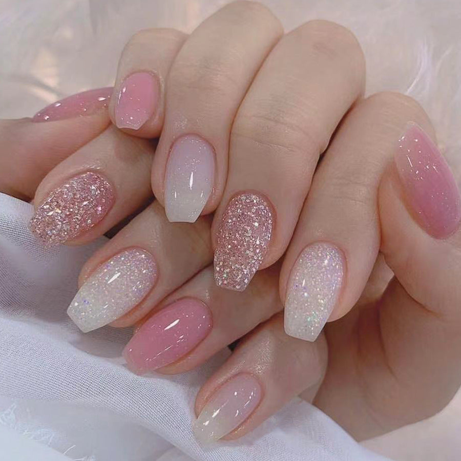 Short Trapezoid Glossy Glitter Gradient Coloring Wear Nail Stickers