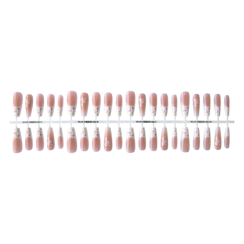 Small Floral Wear Prefabricated Nail Tip Long Ladder Velvet Seal Layer White