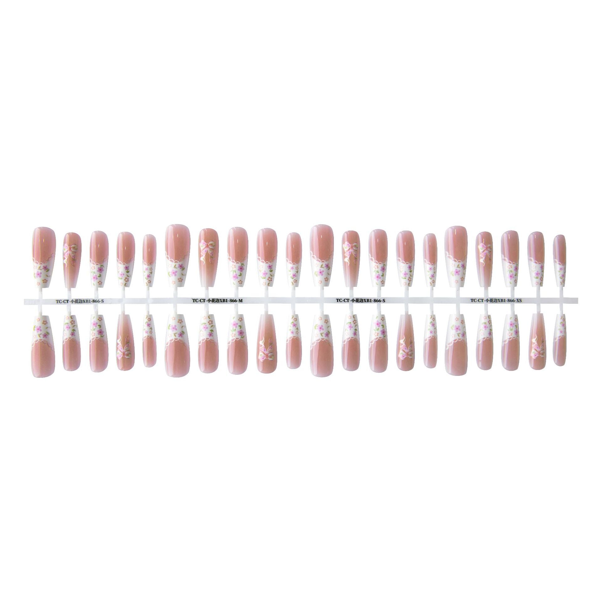 Small Floral Wear Prefabricated Nail Tip Long Ladder Velvet Seal Layer White