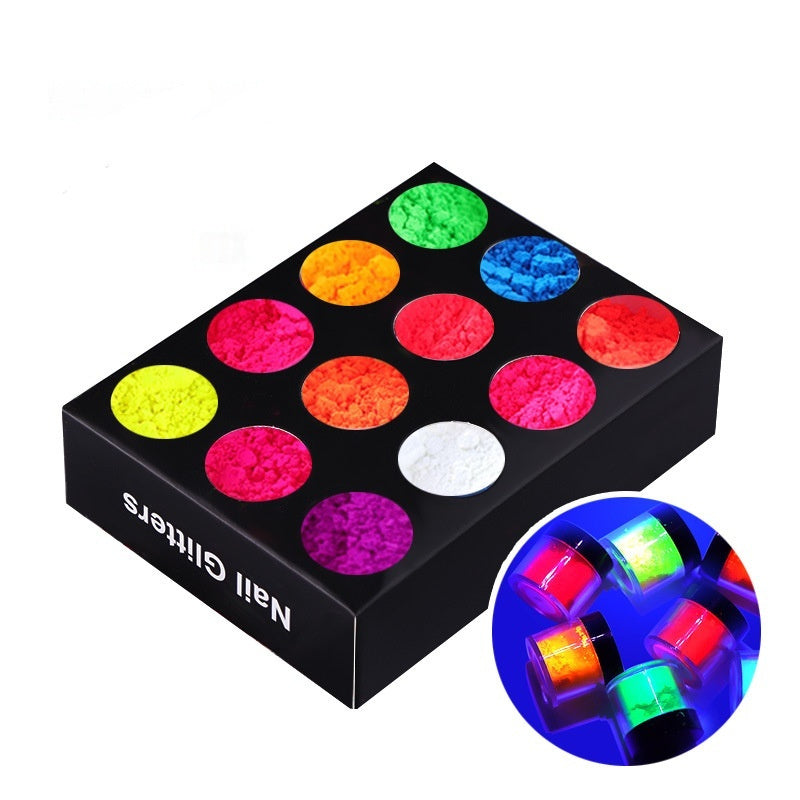 12-Color Fluorescent Nail Art Powder Set In A Barbie-Style Clear Box