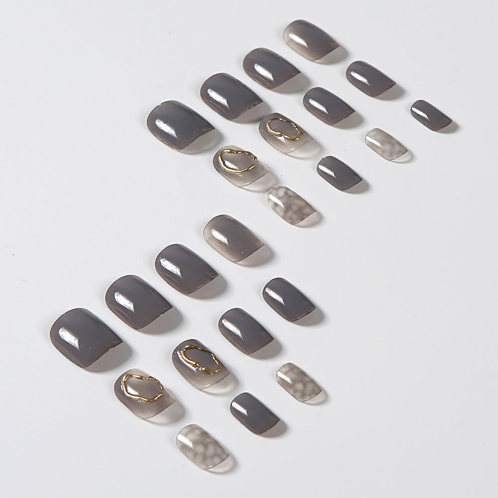 Autumn And Winter Ice Transparent Gray Gold Coil Square Short Nail Tip