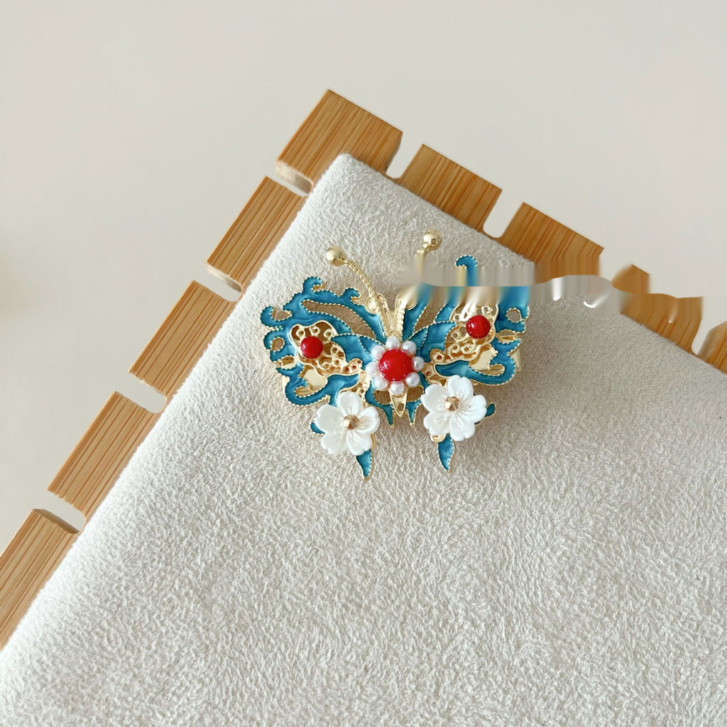Antique Burning Blue Auspicious Cloud Pearl Butterfly Barrettes Fringed Headwear