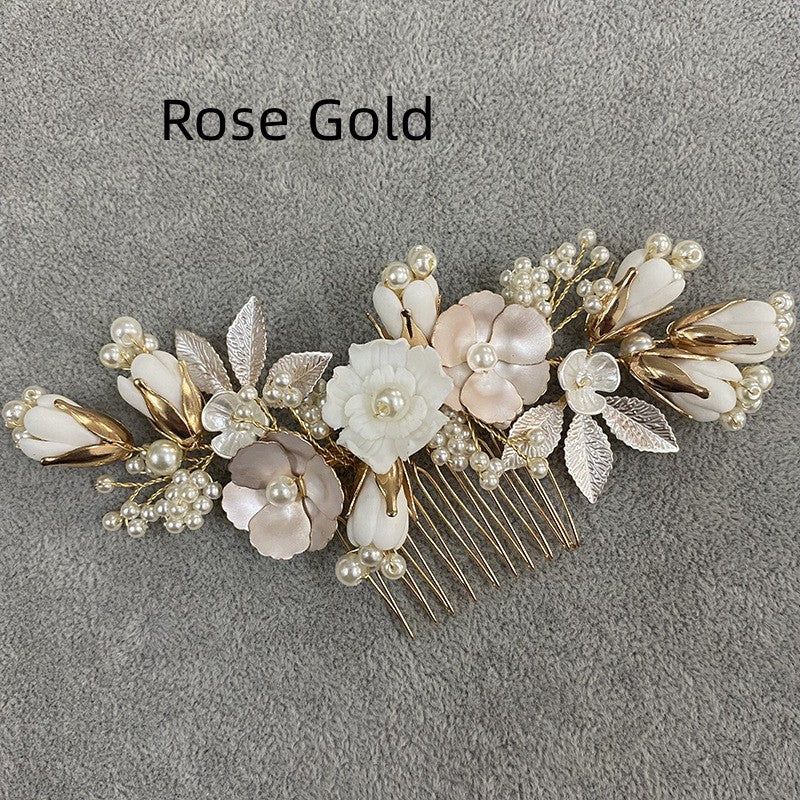 Gold Imitation Pearl Pastoral Ceramic Flower Headwear Hair Comb