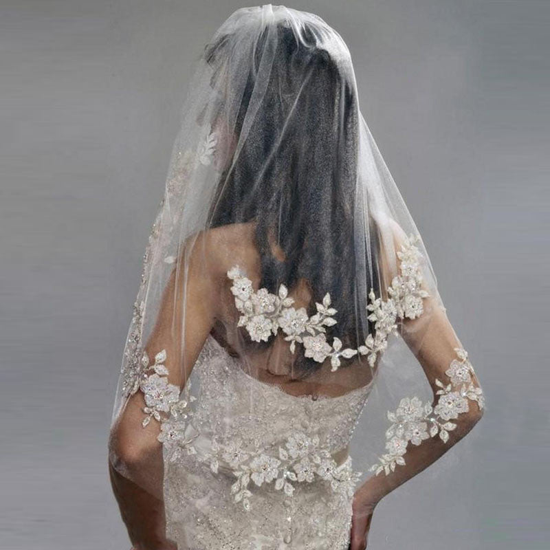 Morili Top Quality Short Lace Two Layers Ivory 1.5 Meters Width 1.5 Meters Short Wedding Lace Veil For Bridal With Comb