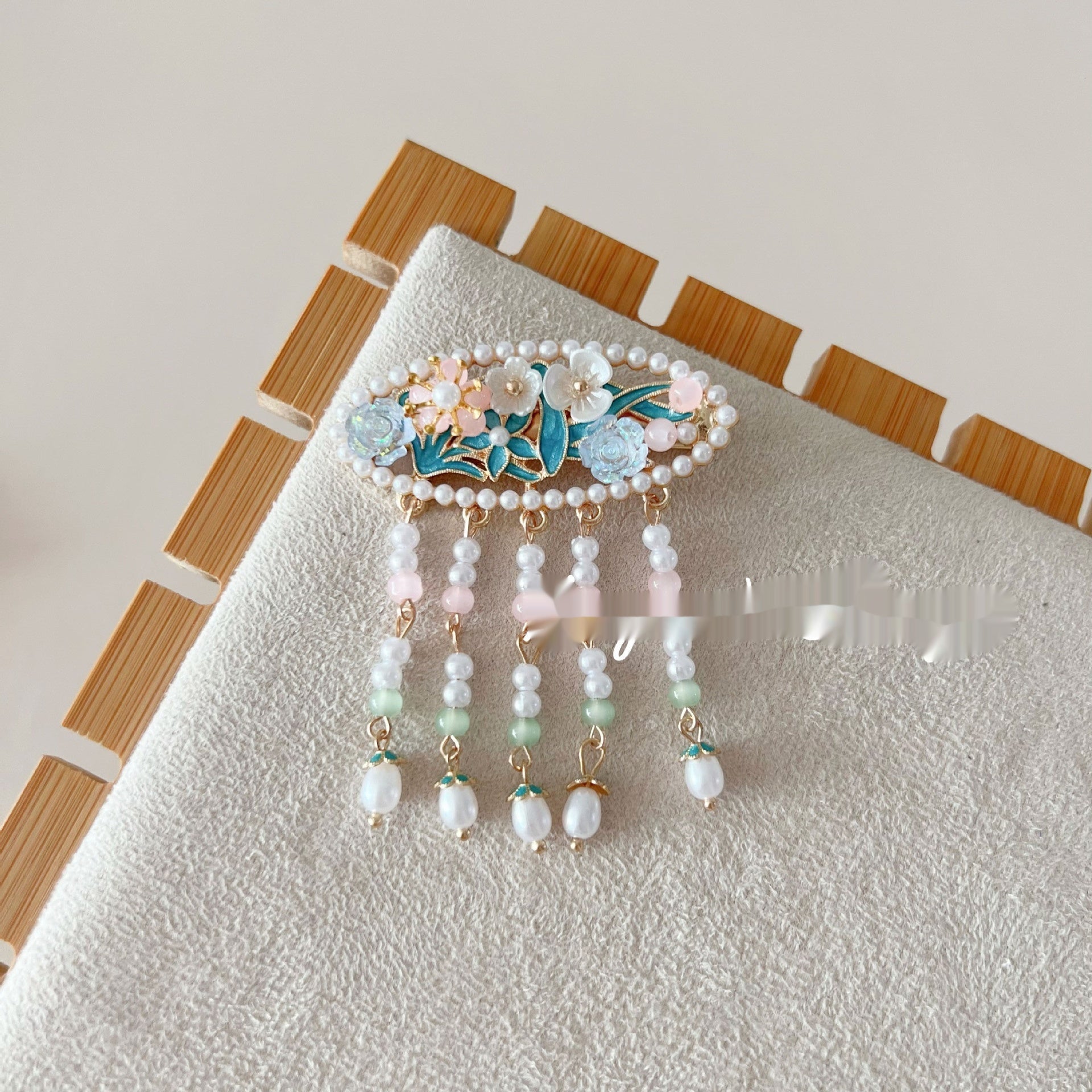 Antique Burning Blue Auspicious Cloud Pearl Butterfly Barrettes Fringed Headwear