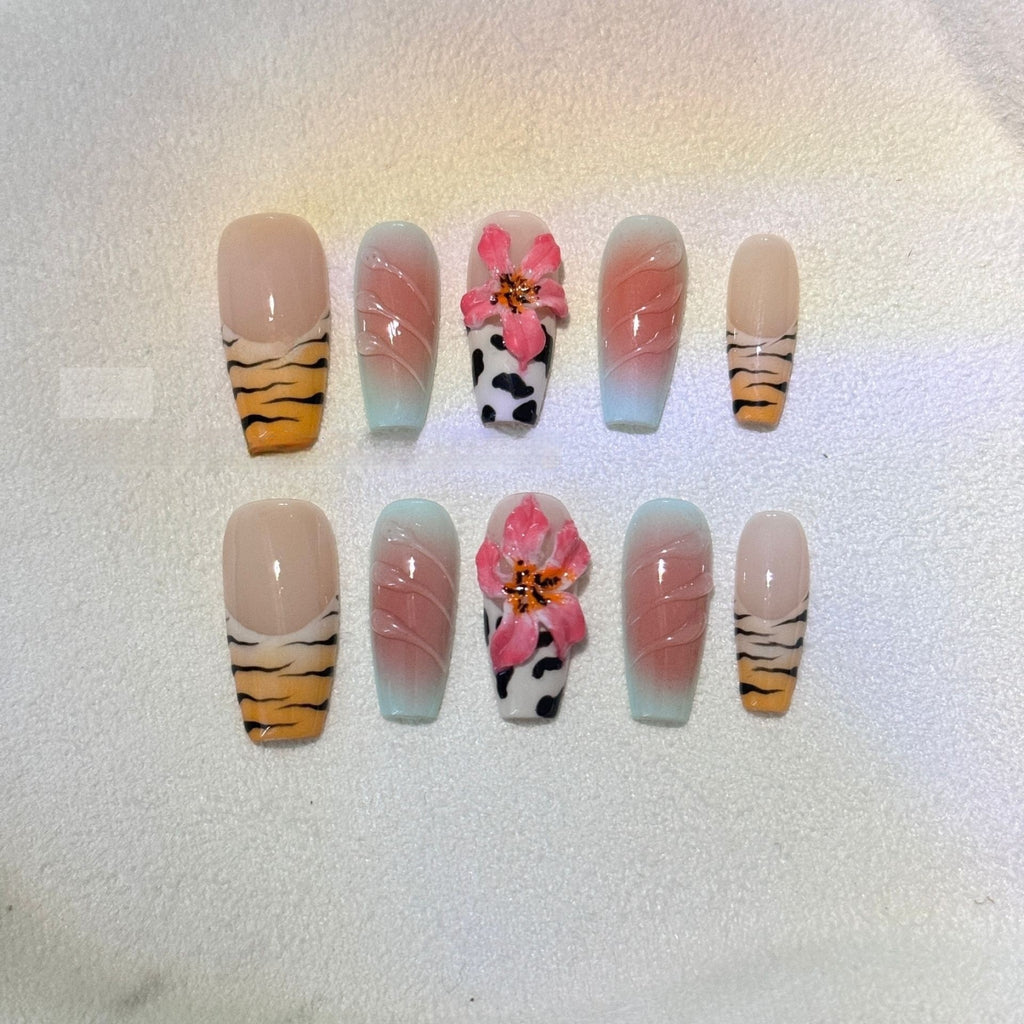 Zebra Pattern Lily Hand Carving Nail Art