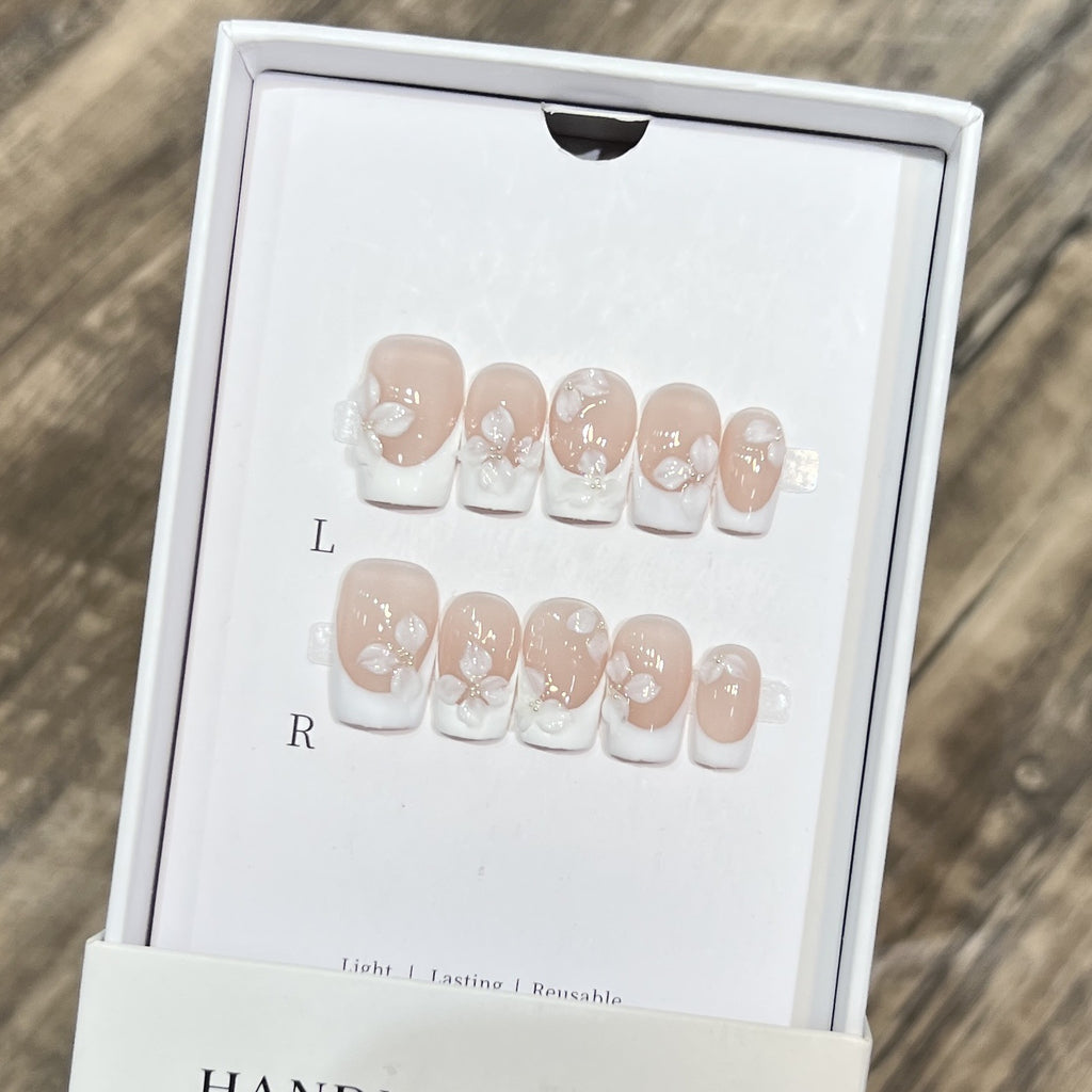Handcrafted White French Nude Carved Nail Art