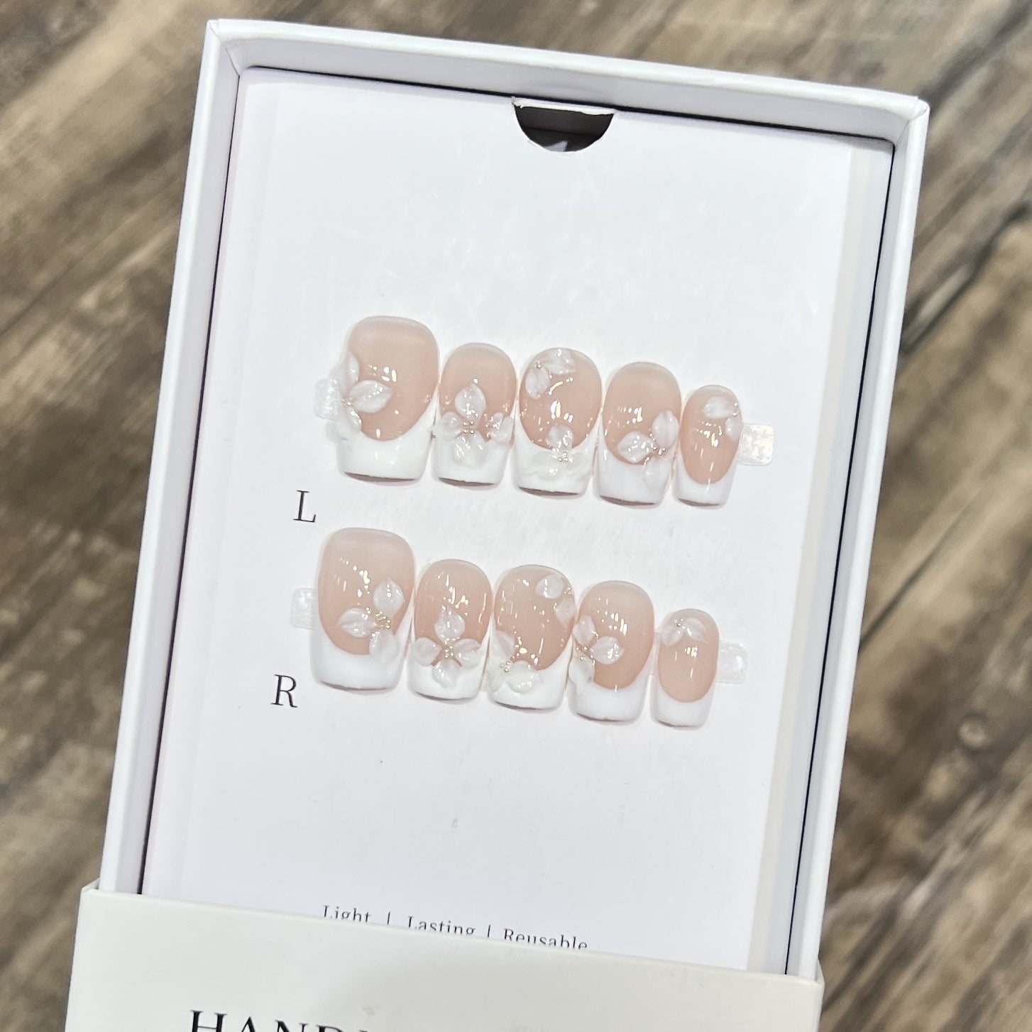 Handcrafted White French Nude Carved Nail Art
