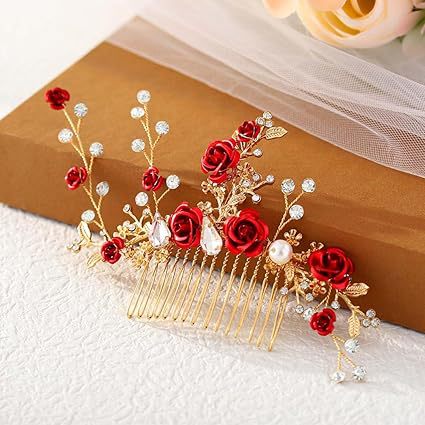 Bridal Red Flower Hair Comb Wedding Accessories