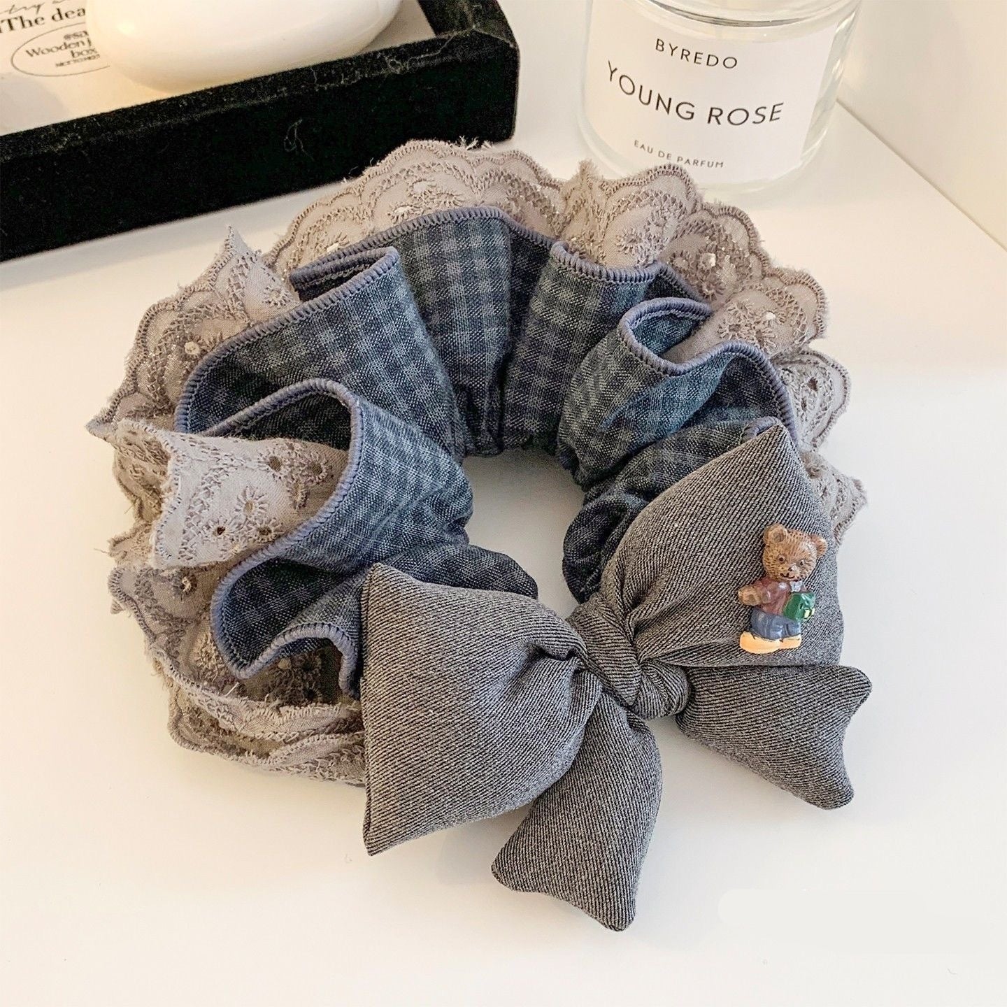 Stylish Gray Lace Plaid Bow Hair Tie For Women
