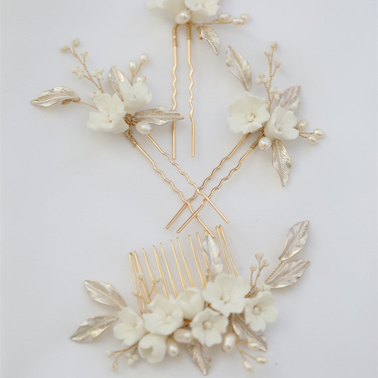 Hard Ceramic Flower Bridal Hair Comb Natural Pearl Handmade Headpiece