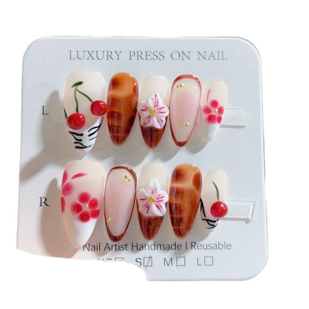 Amber Almond Luxury Press On Nail Three-dimensional Carved Autumn And Winter Painted Cherry