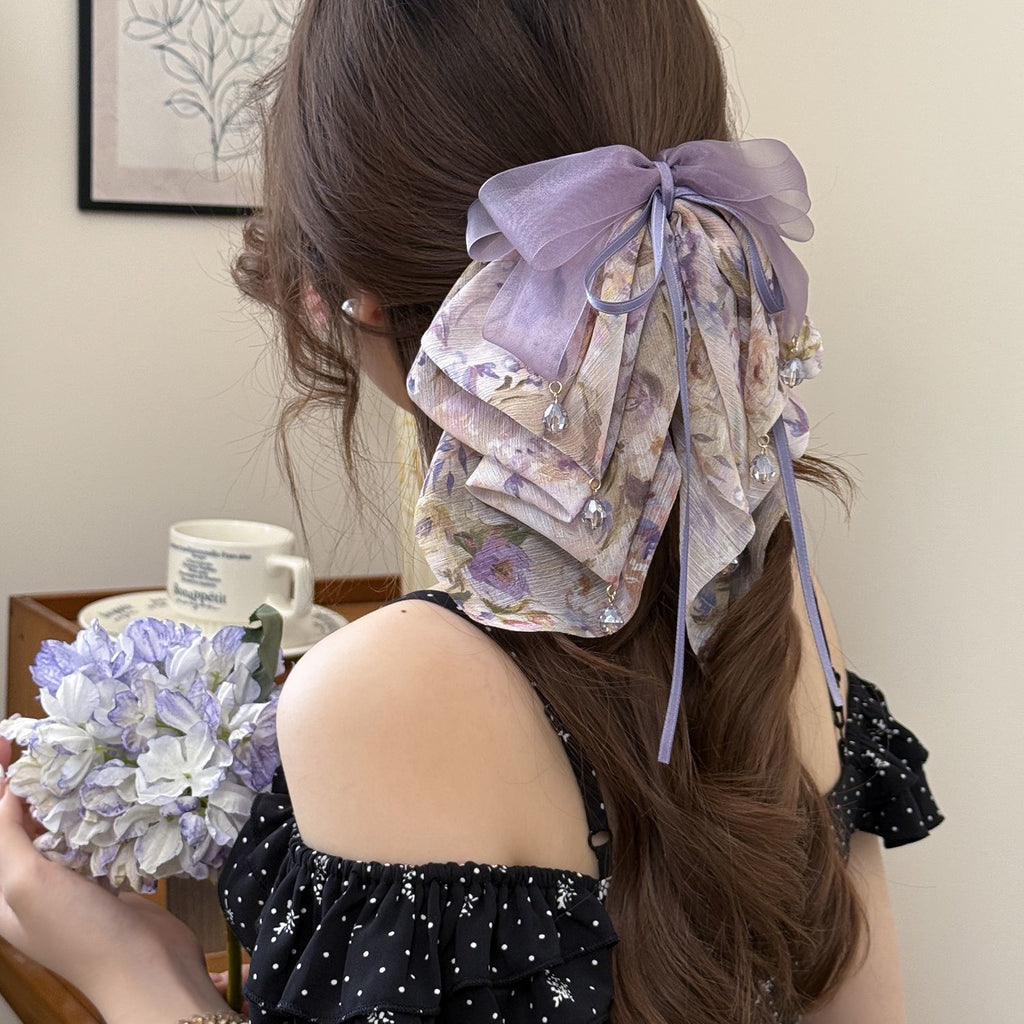 Purple Mesh Chiffon Floral Grip Half Tie