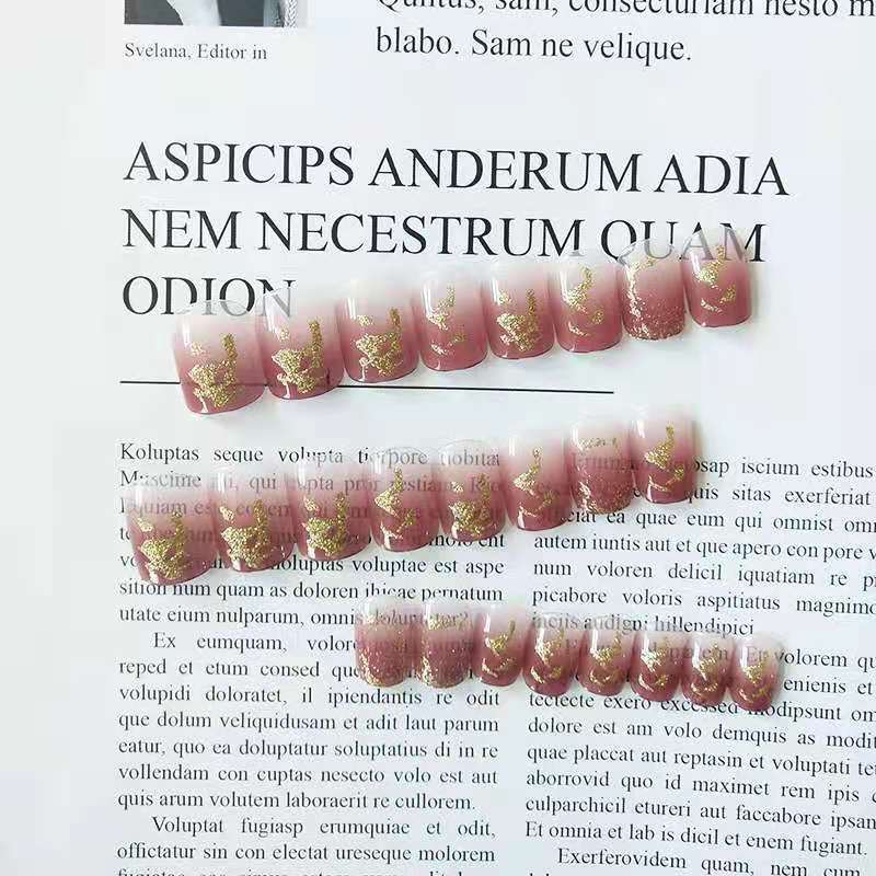 Long Milk Tea Color Gradient Gold Foil Fake Nail Patch Net Red Finished Nail Sticker
