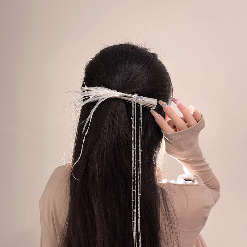 White Feather Tassel Duck Mouth Clip Headwear Hairpin Female