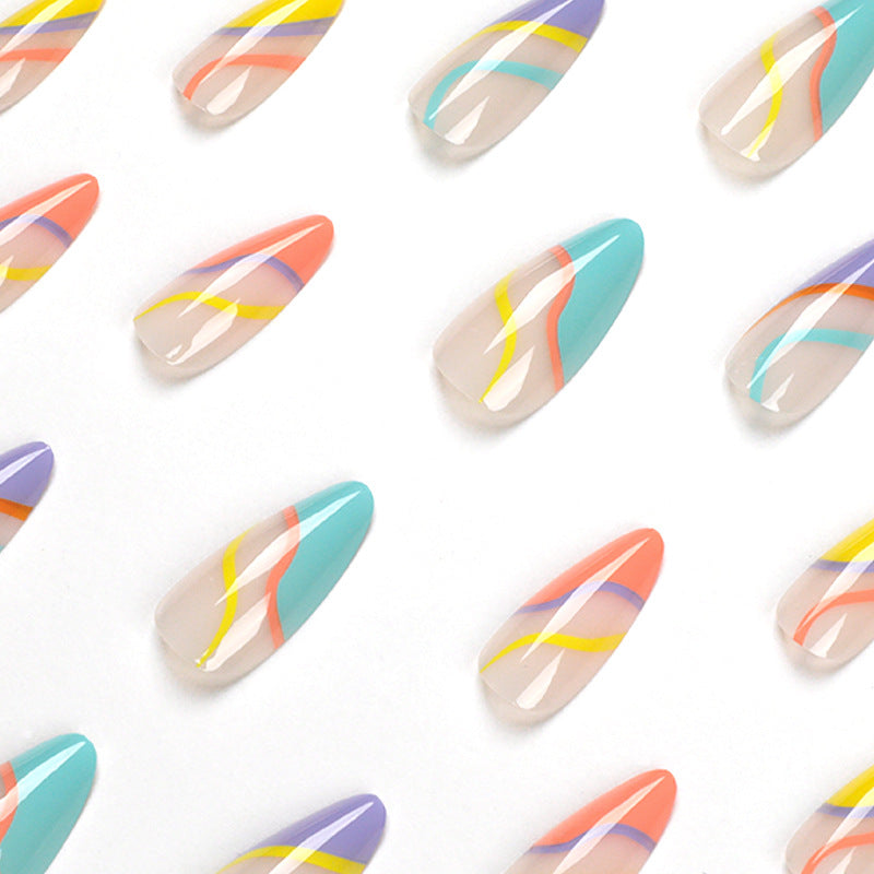 Nail Tips Wearable Nail French Rainbow Line Patch Nail Polish Wearable Nail Sticker Finished Product Detachable Nail Nail