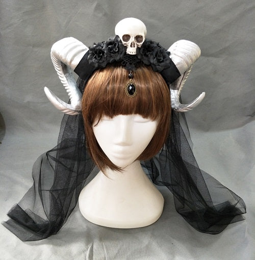 Sheep Horn Veil Skull Black Flower Headband