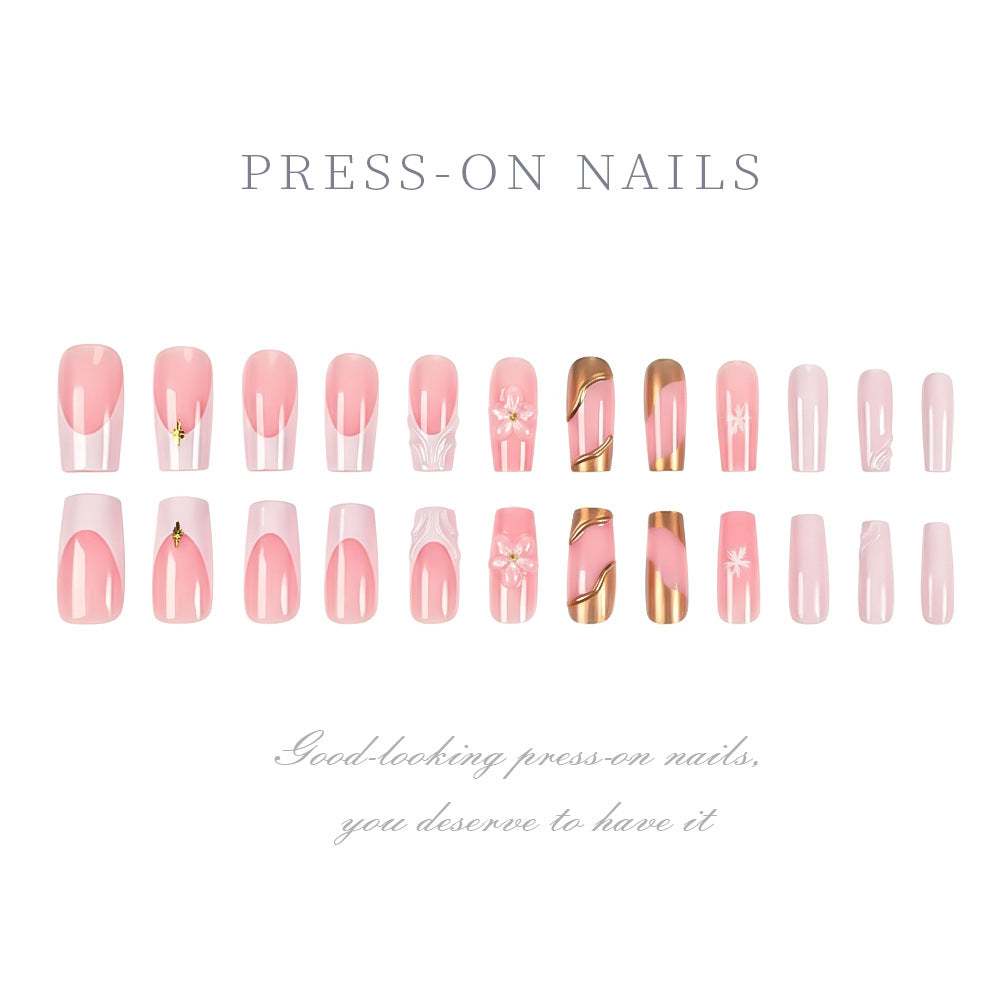 24-piece 3D Floral Gold-trimmed Plaid Artificial Nail Tips For Wearable Nails