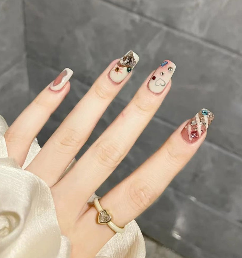 Nail Art Hot Milk White Plaid Graffiti Colorful Crystals Wear Nail Nails