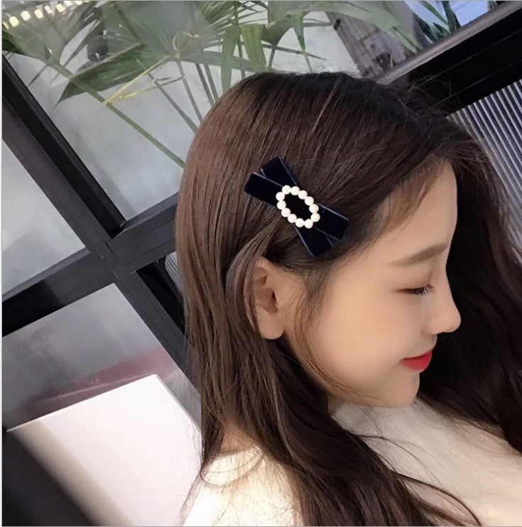 Handmade pearl velvet bow hairpin autumn and winter retro sweet wild duck mouth clip side clip female
