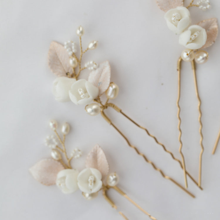 Bridal Ceramic Flower Natural Pearl Hair Fork