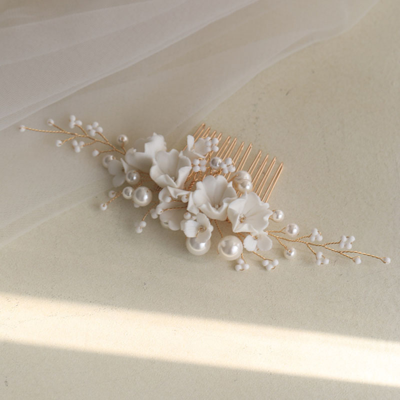 White Ceramic Flower Bridal Hair Comb Shell