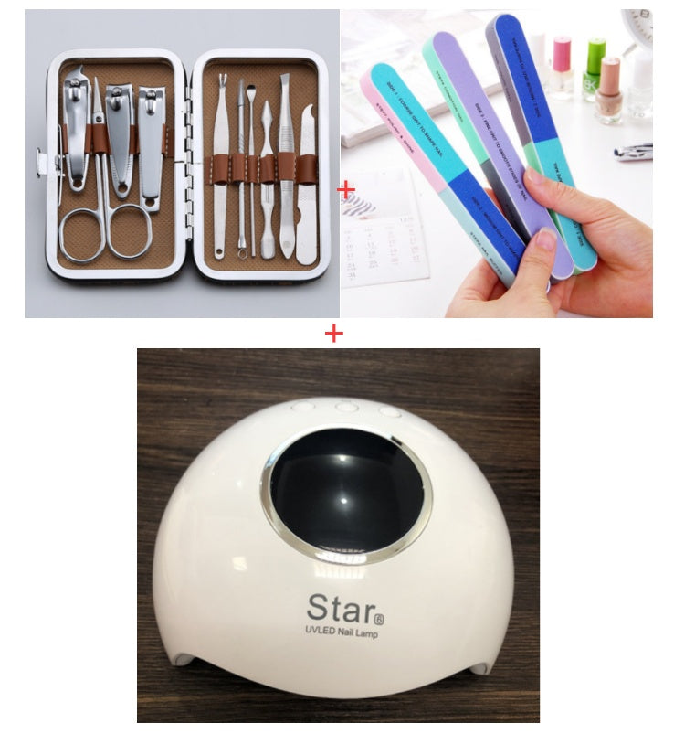 Nail Glue+Stainless steel nail clipper set+Six-sided Polishing Nail Tool+Nail rubber baking lamp