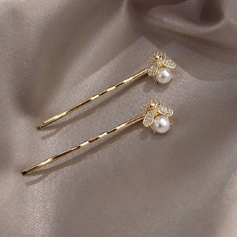 Two Small Bee Pearl Hairpins Micro-inlaid Word Clip