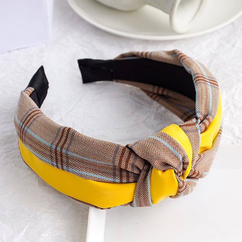 PU Imitation Leather Knotted Wide Side Fashionable Plaid Striped Headband