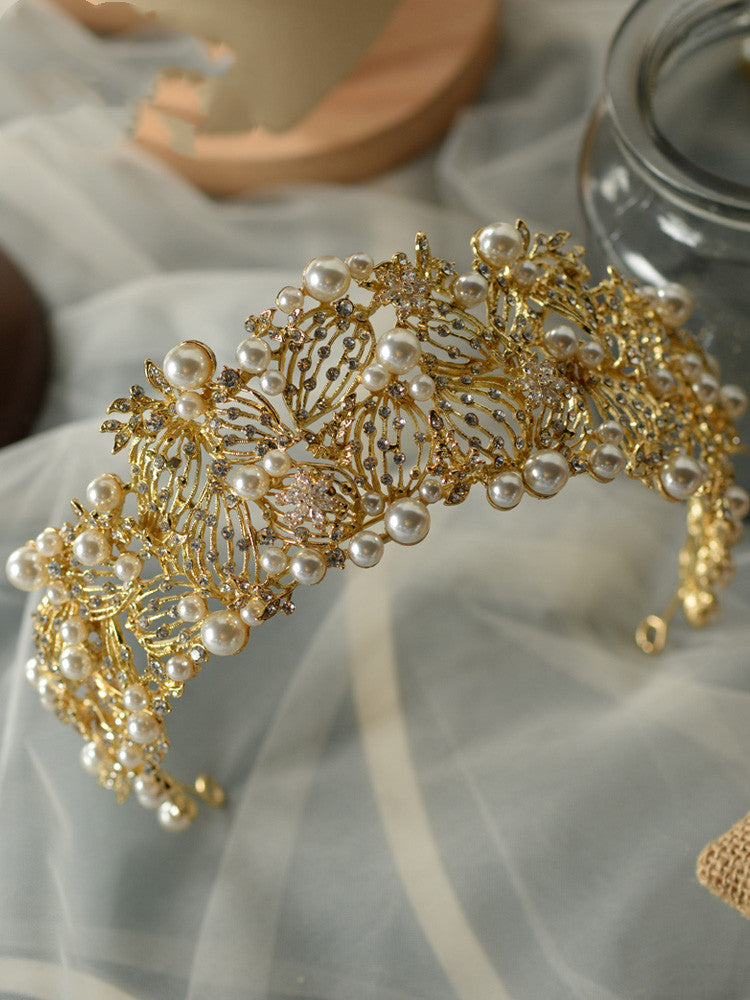 Golden Yellow Diamond Pearl Crown Hair Ornament