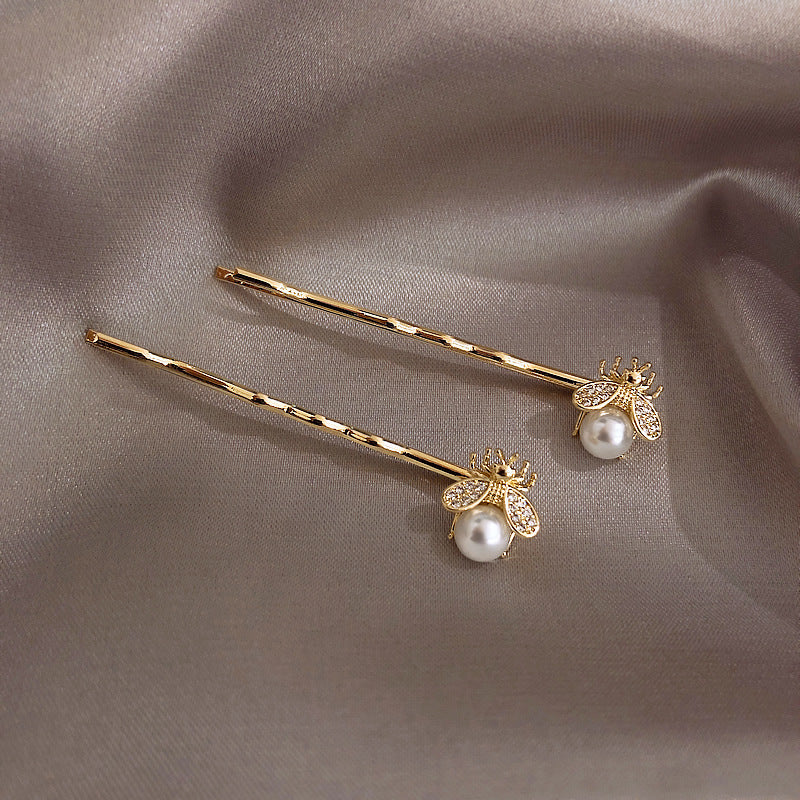 Two Small Bee Pearl Hairpins Micro-inlaid Word Clip