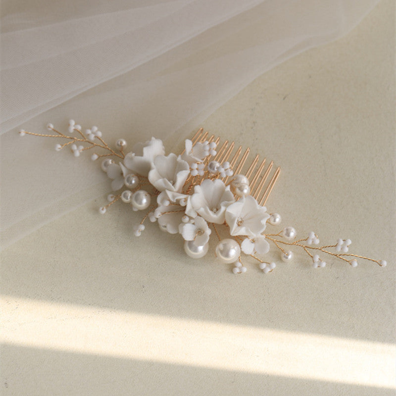 White Ceramic Flower Bridal Hair Comb Shell