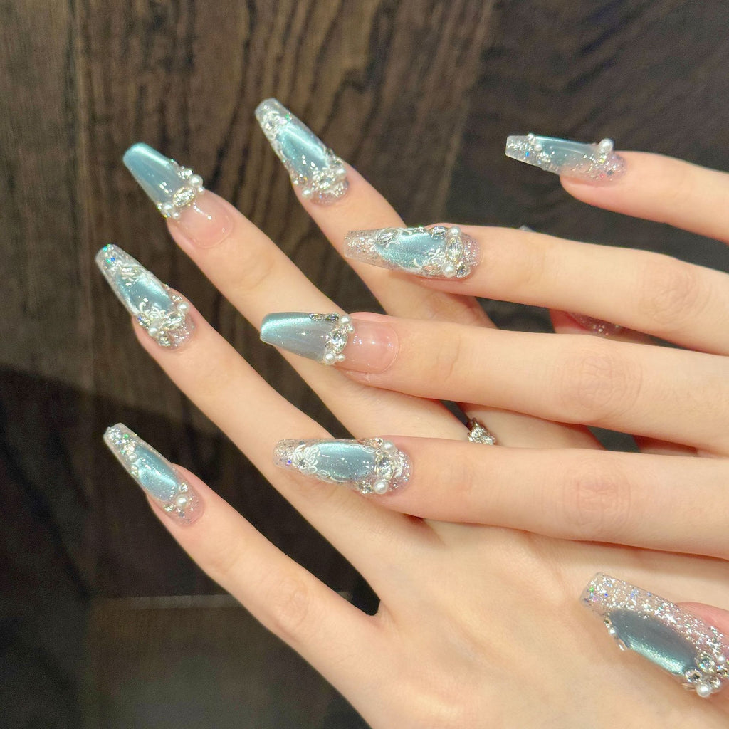 Ice-transparent Blue Crystal Cat-eye Pearl Whitening Nail Stickers