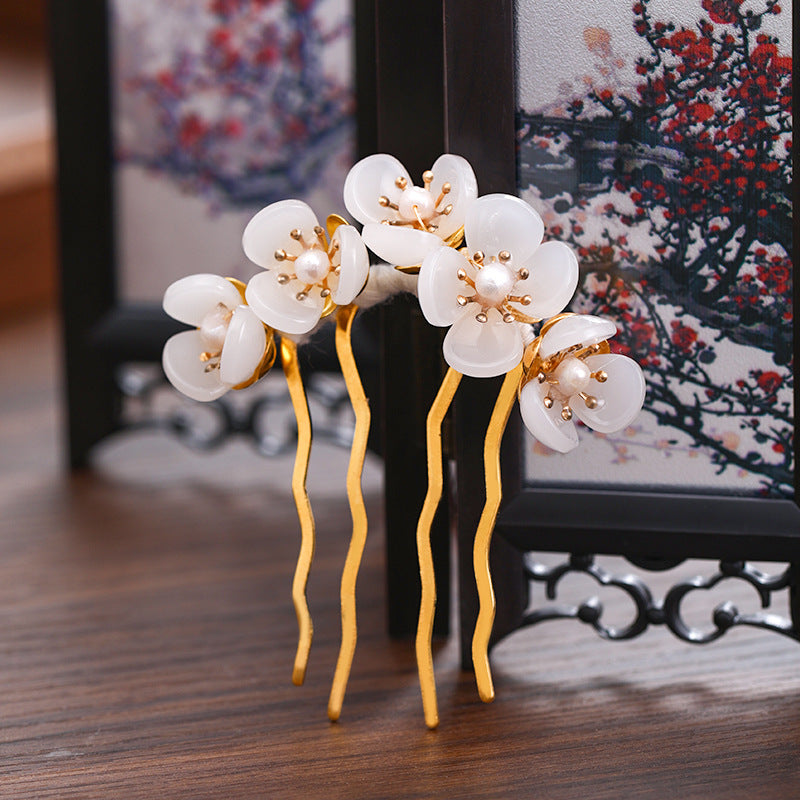 Antique Handmade Hanfu Headdress Beaded Petal Hairpin