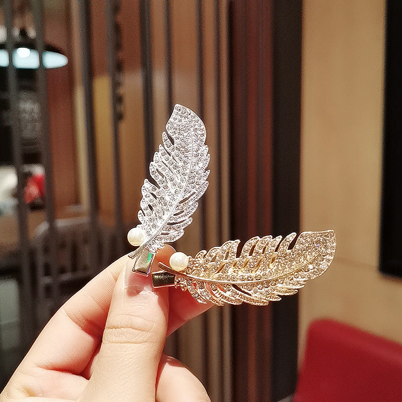 Korean Temperament Net Red Feather Rhinestone Pearl Hairpin Metal Duckbill Clip