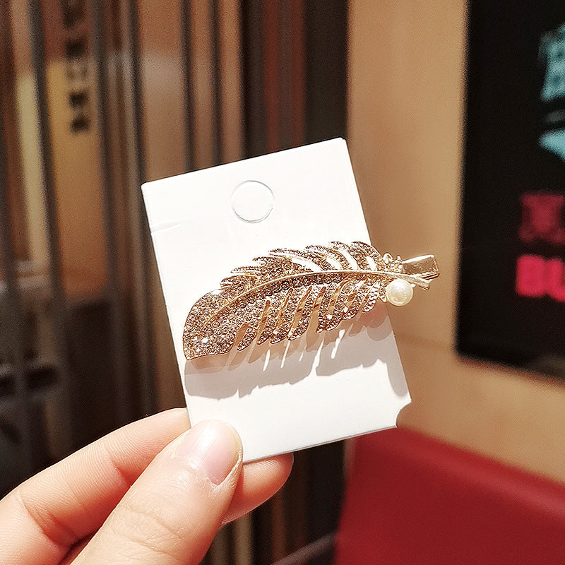Korean Temperament Net Red Feather Rhinestone Pearl Hairpin Metal Duckbill Clip
