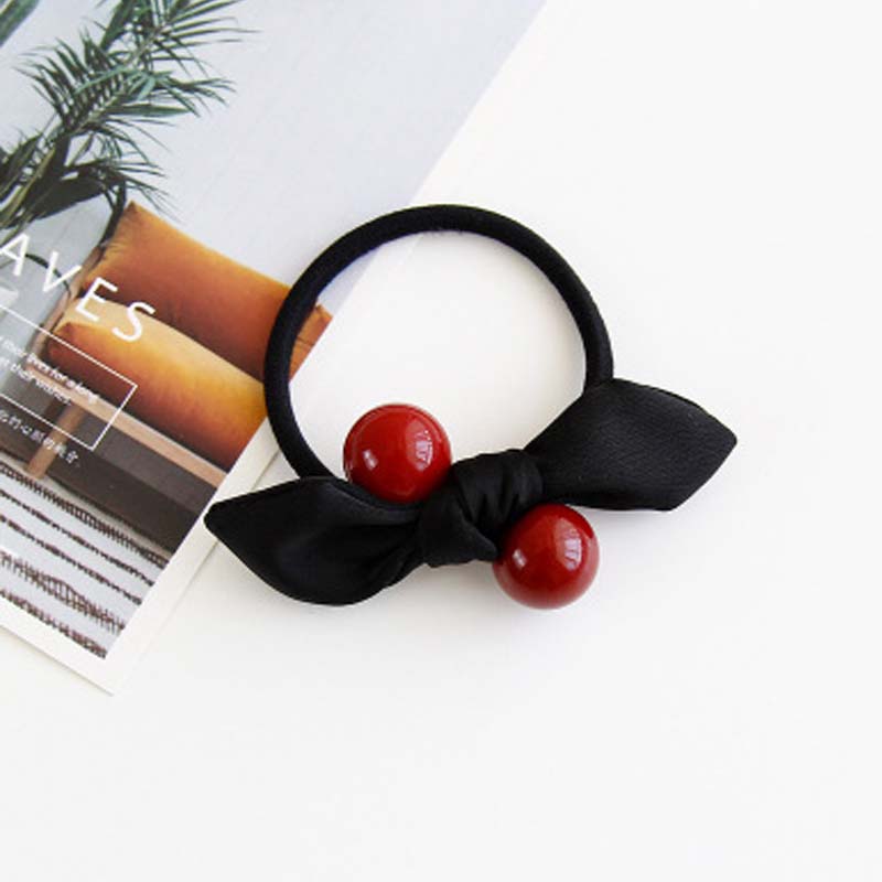 Fabric Bowknot Bunny Ears Candy Color Round Bead Ball Hair Tie