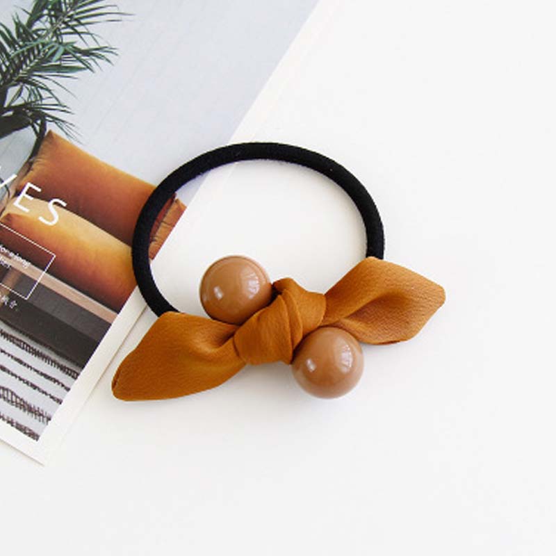 Fabric Bowknot Bunny Ears Candy Color Round Bead Ball Hair Tie