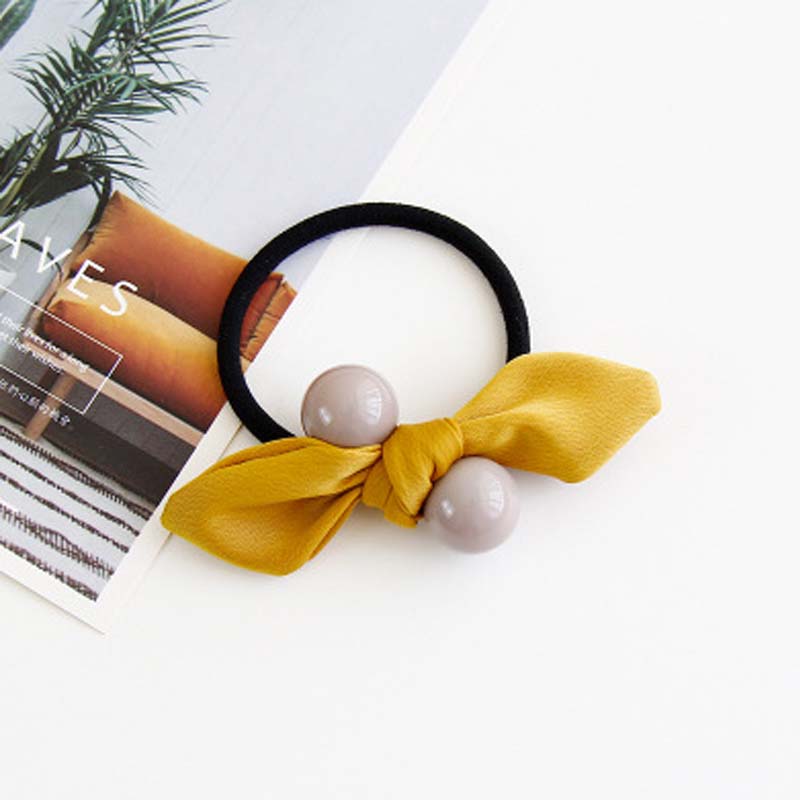 Fabric Bowknot Bunny Ears Candy Color Round Bead Ball Hair Tie