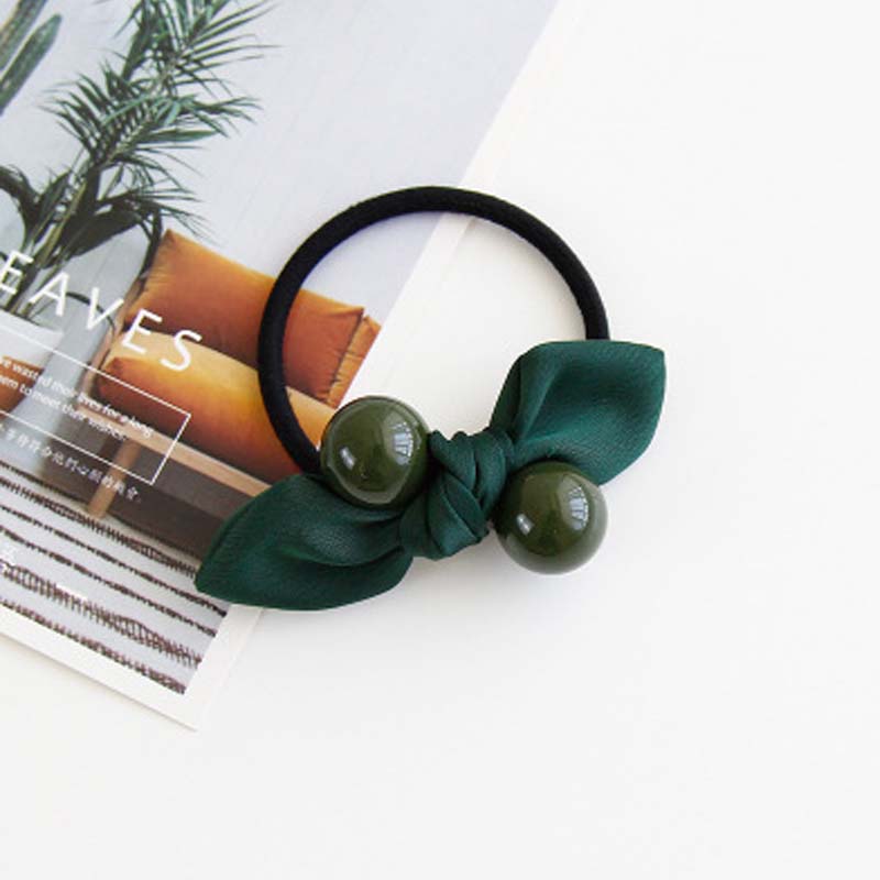 Fabric Bowknot Bunny Ears Candy Color Round Bead Ball Hair Tie