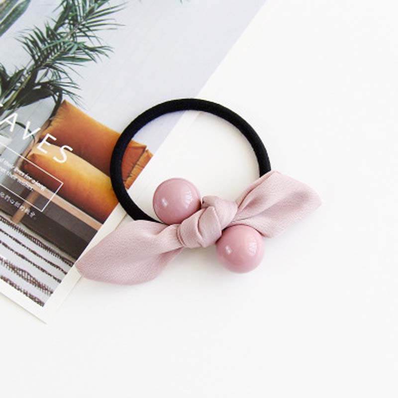 Fabric Bowknot Bunny Ears Candy Color Round Bead Ball Hair Tie