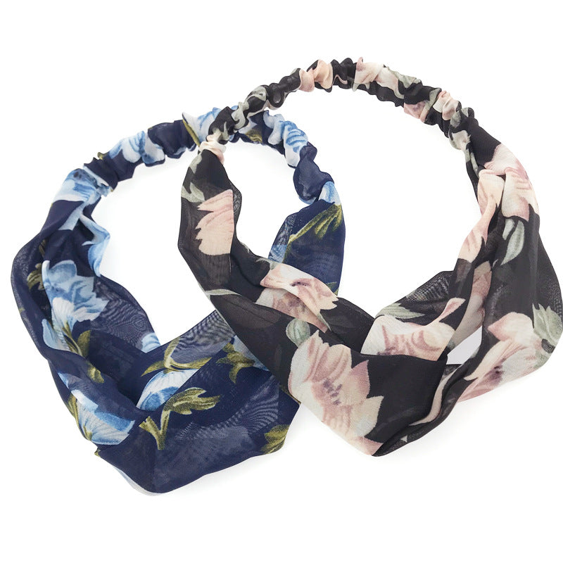 Simple Retro Printed Cross Elastic Camellia Headband