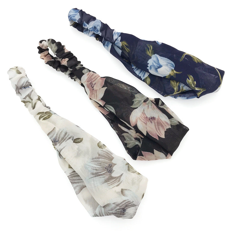 Simple Retro Printed Cross Elastic Camellia Headband