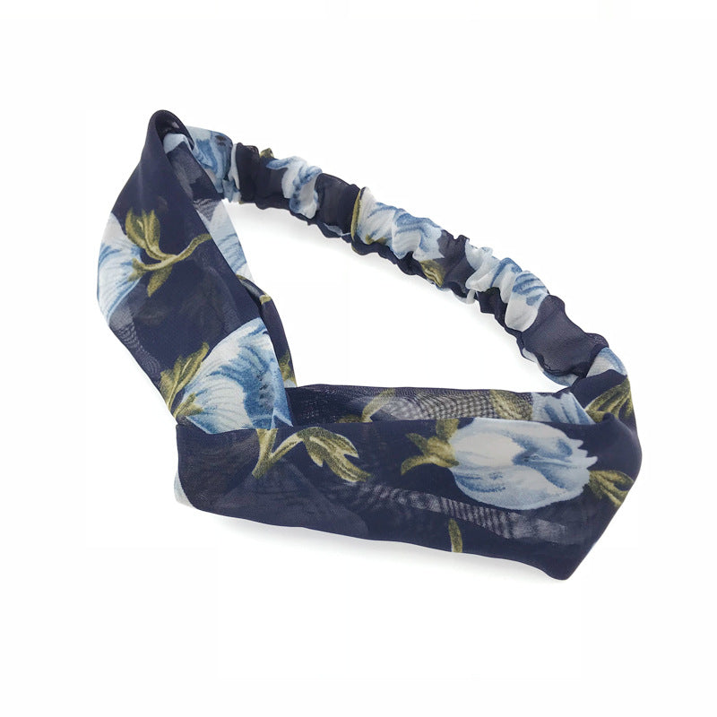 Simple Retro Printed Cross Elastic Camellia Headband
