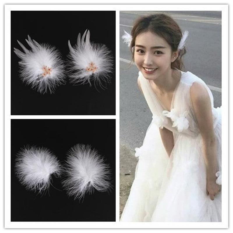 White Feather Headdress Net Red Hairpin