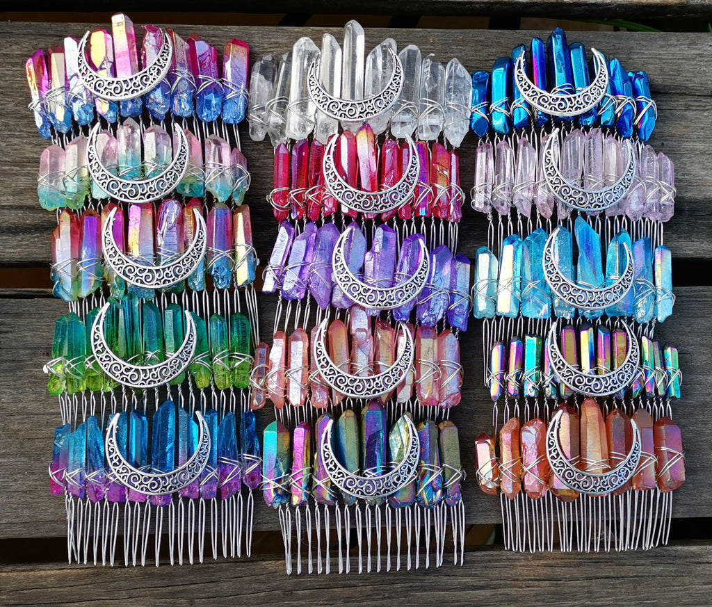 Natural Crystal Rainbow Red Sky Blue Bridal Silver Thread 20 Teeth Hair Comb
