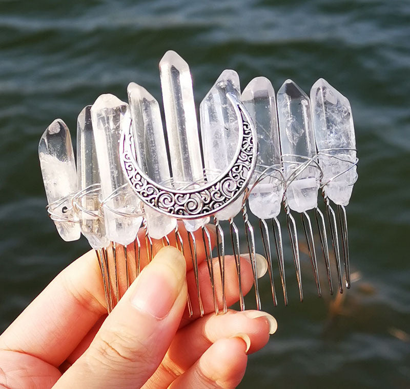 Natural Crystal Rainbow Red Sky Blue Bridal Silver Thread 20 Teeth Hair Comb